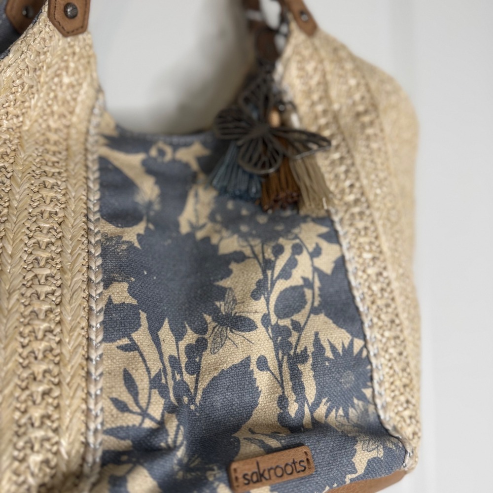 Sakroots Woven Straw Tote Bag Floral Print Leather Trim Butterfly Charm - Picture 2 of 4